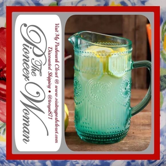 🦋 New Pioneer Woman Adeline Turquoise Blue Glass 54 oz Water Pitcher - Picture 4 of 12